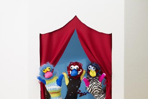 Hand puppets made from socks and old gloves.
