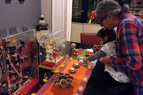 Colorful and festive dining table decorated for Diwali.